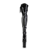 Pleaser Shoes 8" Heel, 4" PF Thigh High Boots Blk Str Pat/Blk FLAM3050/B/M