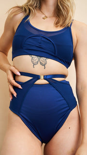 Lunalae Loretta Mesh Cut Out High Waist Shorts - Navy