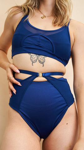 Lunalae Loretta Mesh Cut Out High Waist Shorts - Navy