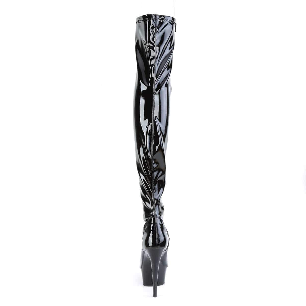 6" Heel, 1 3/4" PF Thigh High Boots Blk Str. Pat/Blk DEL3011/B/M