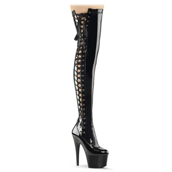 7" Heel, 2 3/4" PF Thigh High Boots Blk Str Pat/Blk ADO3050/B/M