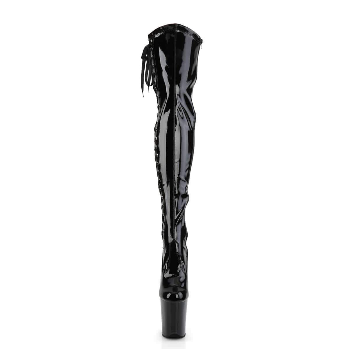 Pleaser Shoes 8" Heel, 4" PF Thigh High Boots Blk Str Pat/Blk FLAM3050/B/M