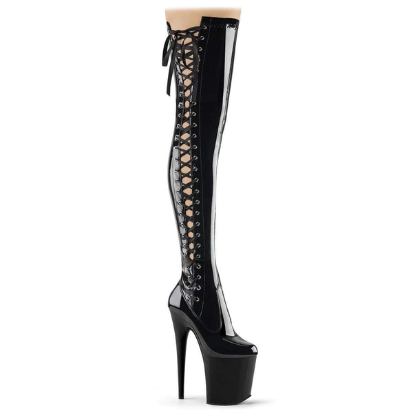 Pleaser Shoes 8" Heel, 4" PF Thigh High Boots Blk Str Pat/Blk FLAM3050/B/M